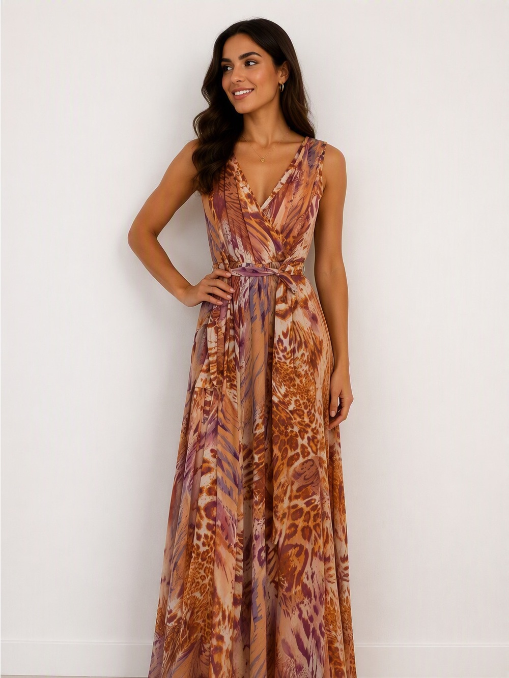 Olivaceous Rust and Mauve Printed Wrap Maxi Dress